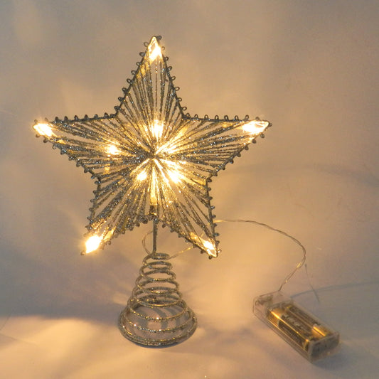 CVHOMEDECO. Silver Glittered Tree Top Star with Warm White LED Lights for Christmas Ornaments and Holiday Seasonal Décor, 8 x 10 Inch