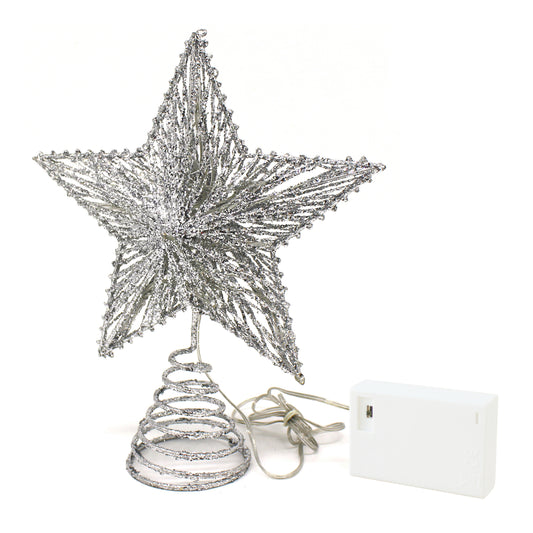 CVHOMEDECO. Silver Glittered 3D Tree Top Star with Warm White LED Lights and timer for Christmas Ornaments and Holiday Seasonal Décor, 8 x 10 Inch
