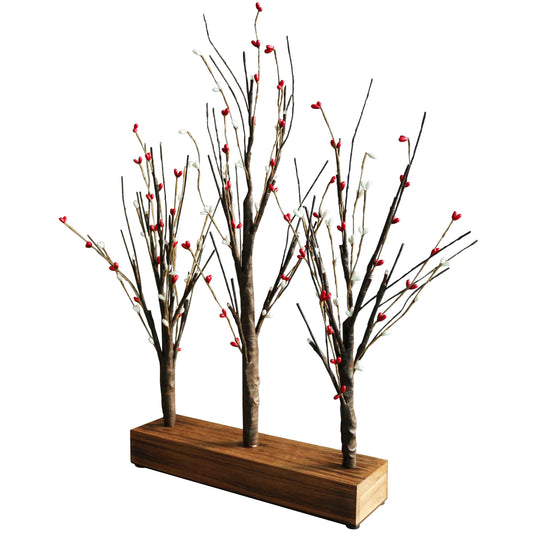 CVHOMEDECO. Battery Operated w/Timer Illuminated Pip Berry Tree Centerpiece Lighted Three Trees Tabletop LED Lights with Rustic Wooden base, For Home/Party/Wedding/Festival/Indoor Decoration, 21 Inch