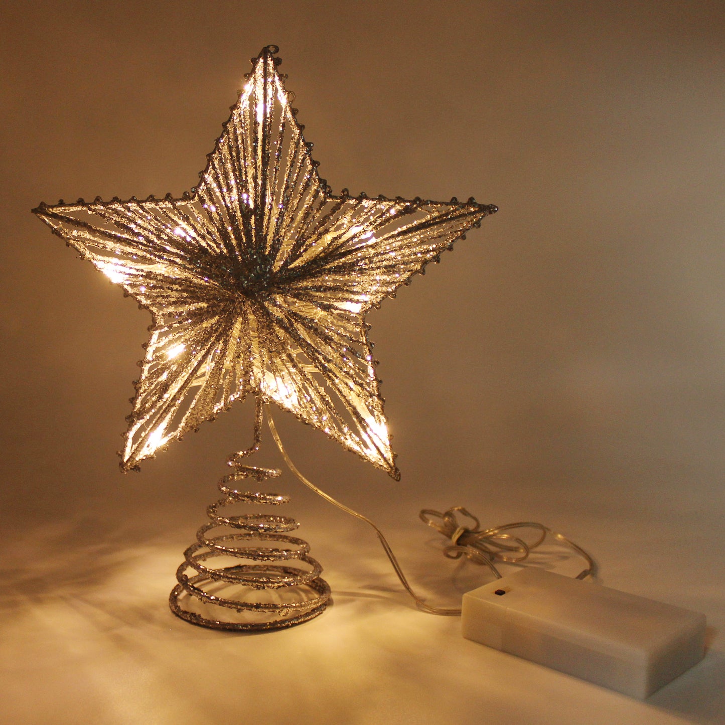 CVHOMEDECO. Silver Glittered 3D Tree Top Star with Warm White LED Lights and timer for Christmas Tree Decoration and Holiday Seasonal Décor, 8 x 10 Inch