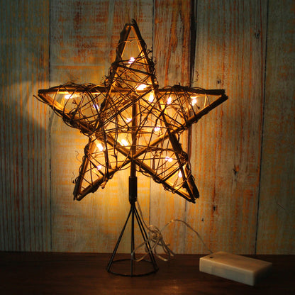 CVHOMEDECO. Rattan Natural Tree Top Star with Warm White LED Lights and timer for Christmas Tree Decoration and Holiday Seasonal Décor, 10 x 13 Inch/15 LEDs