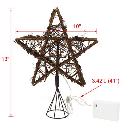 CVHOMEDECO. Rattan Natural Tree Top Star with Warm White LED Lights and timer for Christmas Tree Decoration and Holiday Seasonal Décor, 10 x 13 Inch/15 LEDs