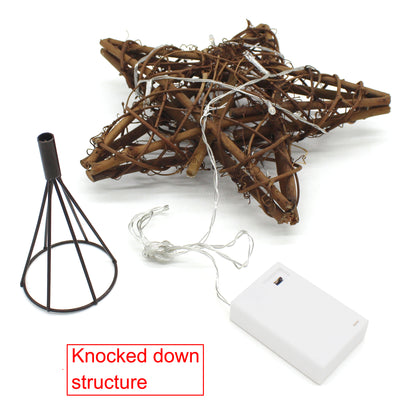 CVHOMEDECO. Rattan Natural Tree Top Star with Warm White LED Lights and timer for Christmas Tree Decoration and Holiday Seasonal Décor, 10 x 13 Inch/15 LEDs