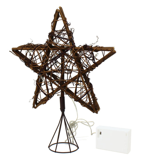 CVHOMEDECO. Rattan Natural Tree Top Star with Warm White LED Lights and timer for Christmas Tree Decoration and Holiday Seasonal Décor, 10 x 13 Inch/15 LEDs