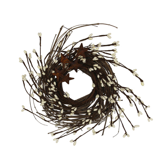 CVHOMEDECO. Primitives Rustic Pip Berries and Twig with Rusty Barn Stars Wreath, 7 Inch, Ivory