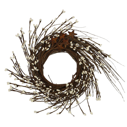CVHOMEDECO. Primitives Rustic Pip Berries and Twig with Rusty Barn Stars Wreath, 10 Inch, Ivory