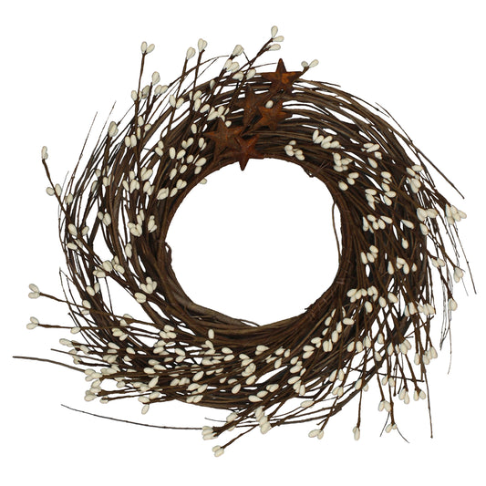 CVHOMEDECO. Primitives Rustic Pip Berries and Twig with Rusty Barn Stars Wreath, 12 Inch, Ivory