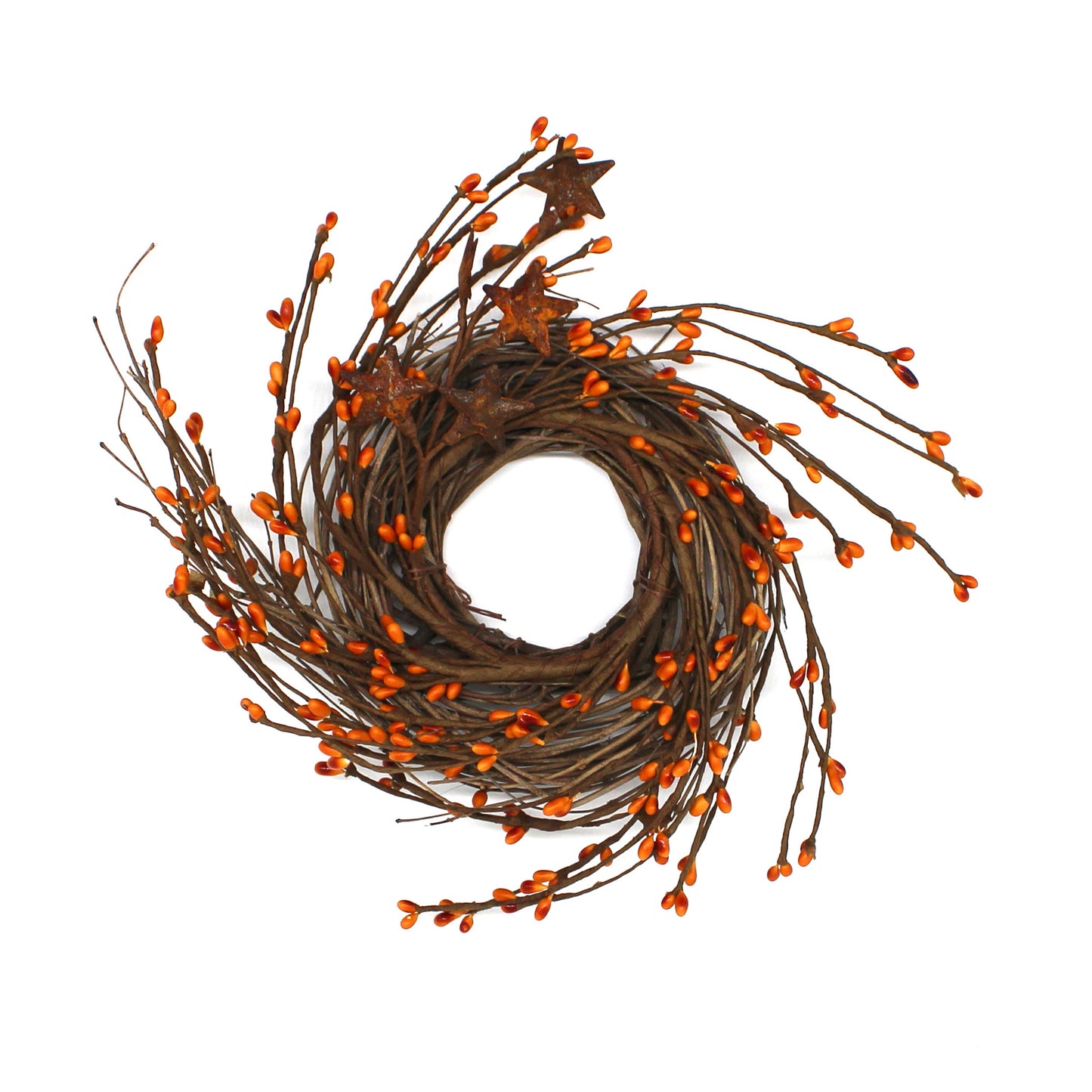 CVHOMEDECO. Primitives Rustic Pip Berries and Twig with Rusty Barn Stars Wreath, 7 Inch, Gold