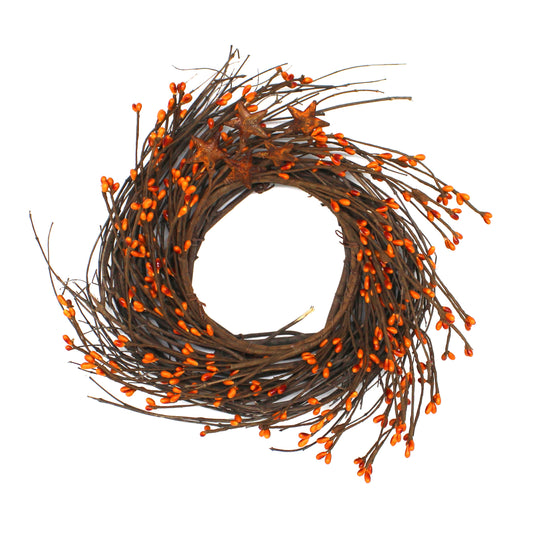 CVHOMEDECO. Primitives Rustic Pip Berries and Twig with Rusty Barn Stars Wreath, 10 Inch, Gold