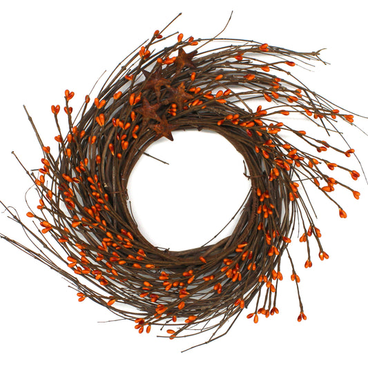 CVHOMEDECO. Primitives Rustic Pip Berries and Twig with Rusty Barn Stars Wreath, 12 Inch, Gold