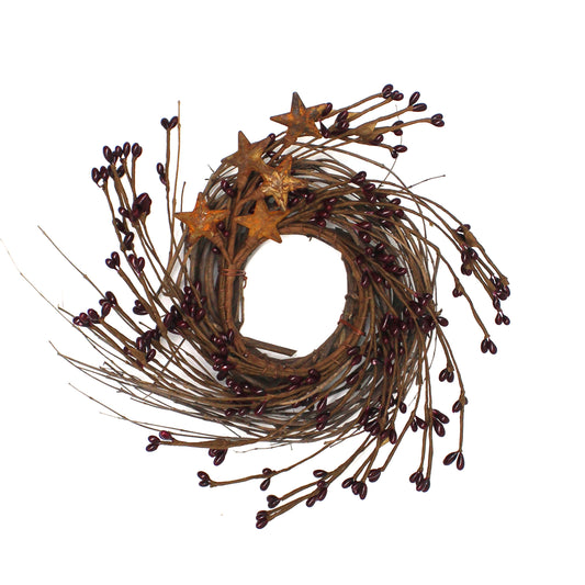 CVHOMEDECO. Primitives Rustic Pip Berries and Twig with Rusty Barn Stars Wreath, 7 Inch, Burgundy