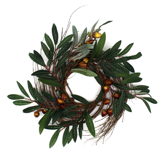 CVHOMEDECO. Rustic Country Artificial Olive branch and Twig Wreath, Year Round Full Green Wreath for Indoor or Outdoor Display, 12 Inch