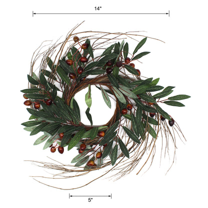 CVHOMEDECO. Rustic Country Artificial Olive branch and Twig Wreath, Year Round Full Green Wreath for Indoor or Outdoor Display, 14 Inch
