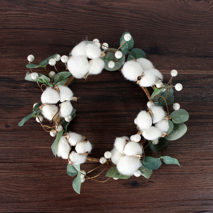 CVHOMEDECO. Primitives Rustic Cotton Pod Beads with Eucalyptus Leaves Wreath, 10 Inch