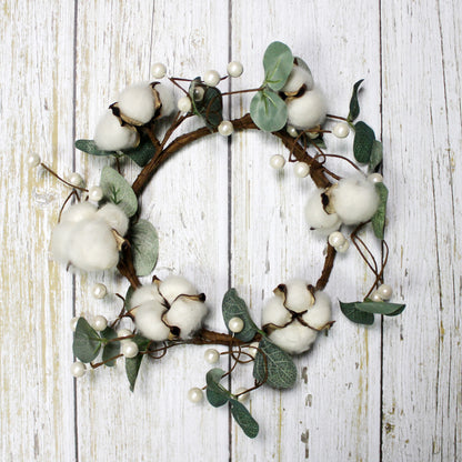 CVHOMEDECO. Primitives Rustic Cotton Pod Beads with Eucalyptus Leaves Wreath, 10 Inch