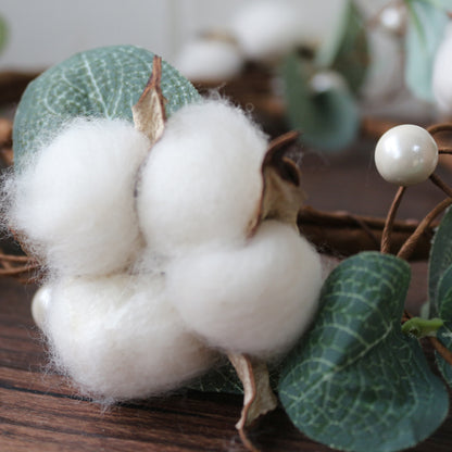 CVHOMEDECO. Primitives Rustic Cotton Pod Beads with Eucalyptus Leaves Wreath, 10 Inch