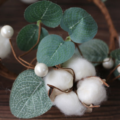 CVHOMEDECO. Primitives Rustic Cotton Pod Beads with Eucalyptus Leaves Wreath, 10 Inch