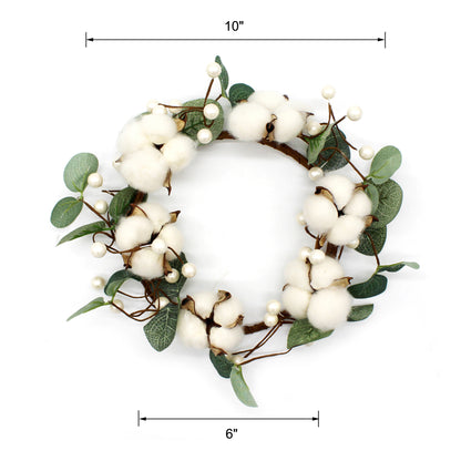CVHOMEDECO. Primitives Rustic Cotton Pod Beads with Eucalyptus Leaves Wreath, 10 Inch