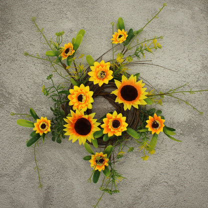 CVHOMEDECO. Rustic Country Artificial Sunflower and Twig Wreath, Year Round Full Green Wreath for Indoor or Outdoor Display, 9 Inch