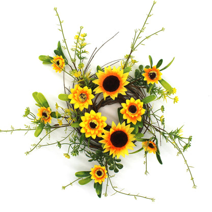 CVHOMEDECO. Rustic Country Artificial Sunflower and Twig Wreath, Year Round Full Green Wreath for Indoor or Outdoor Display, 9 Inch