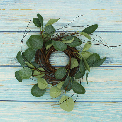 CVHOMEDECO. Rustic Country Artificial Eucalyptus Leaves and Twig Wreath, Year Round Full Green Wreath for Indoor or Outdoor Display, 9 Inch