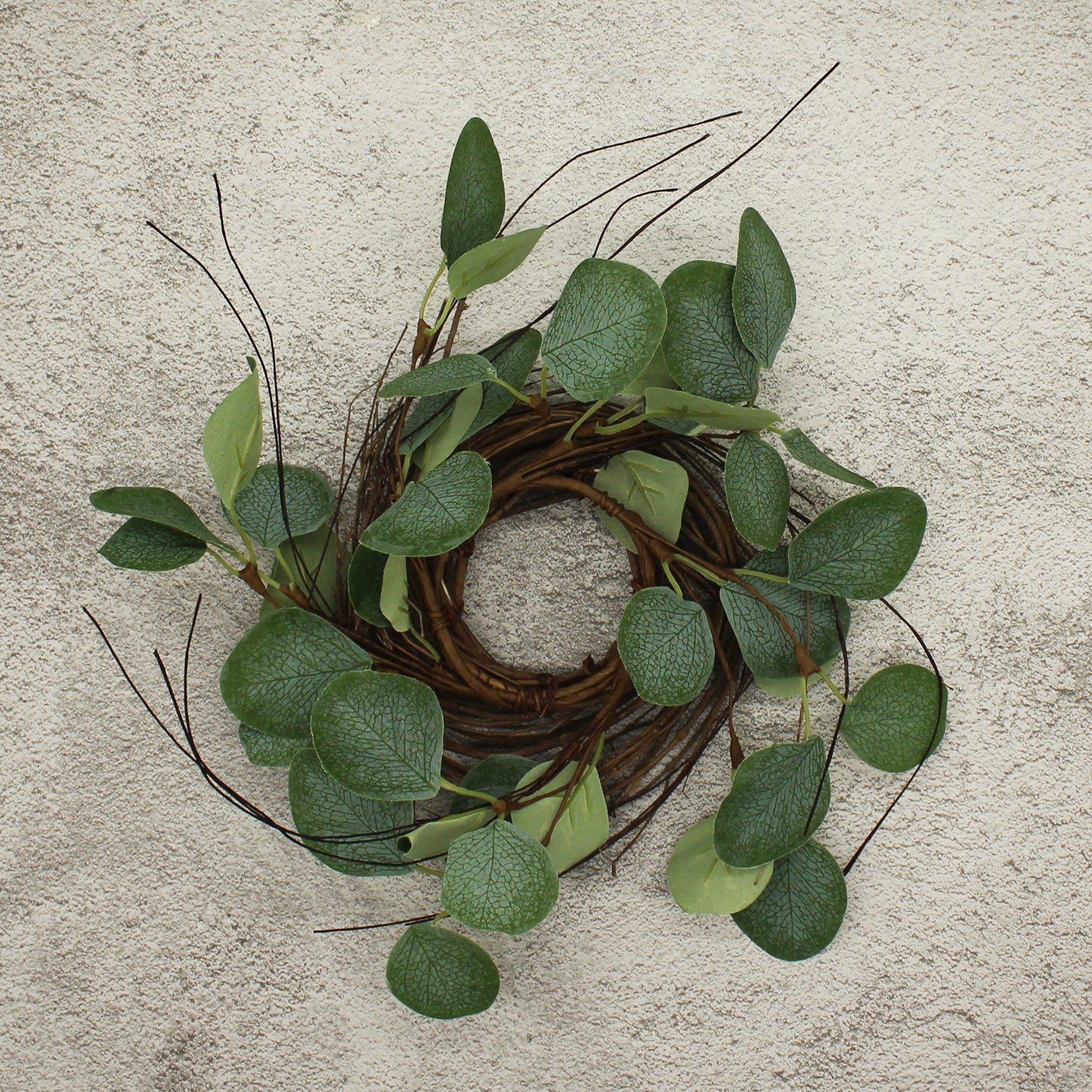 CVHOMEDECO. Rustic Country Artificial Eucalyptus Leaves and Twig Wreath, Year Round Full Green Wreath for Indoor or Outdoor Display, 9 Inch