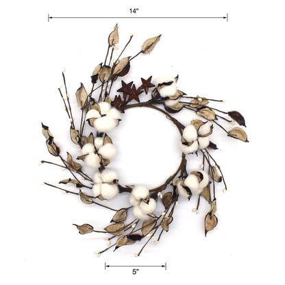 CVHOMEDECO. Primitives Rustic Cotton Pod Pip Berries and Autumn Leaves with Rusty Barn Stars Wreath, 14 Inch