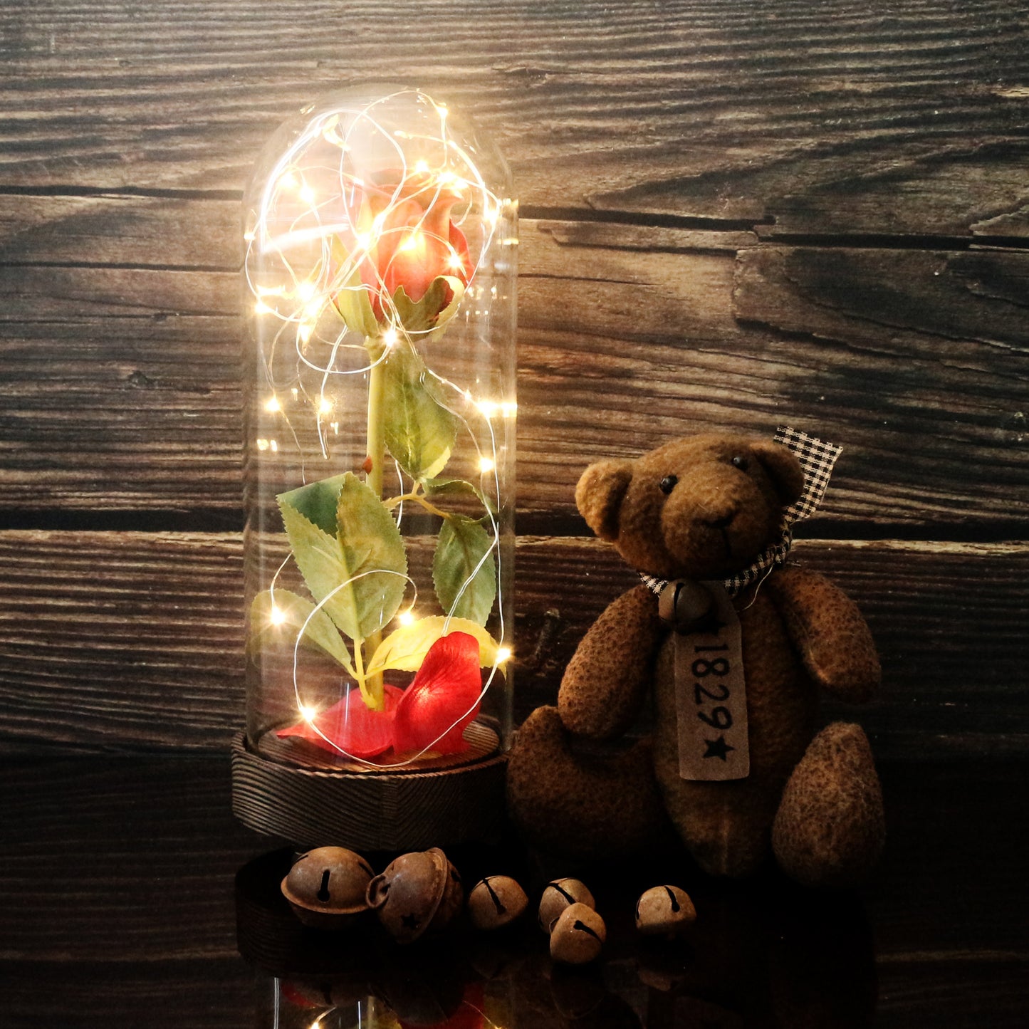 CVHOMEDECO. Battery Operated w/Timer LED Lighted and Red PU Rose with Fallen Petals in a Glass Dome, Great Gift for Valentine's Day Wedding Anniversary Birthday, Dia. 4.5 x H 11.25 Inch
