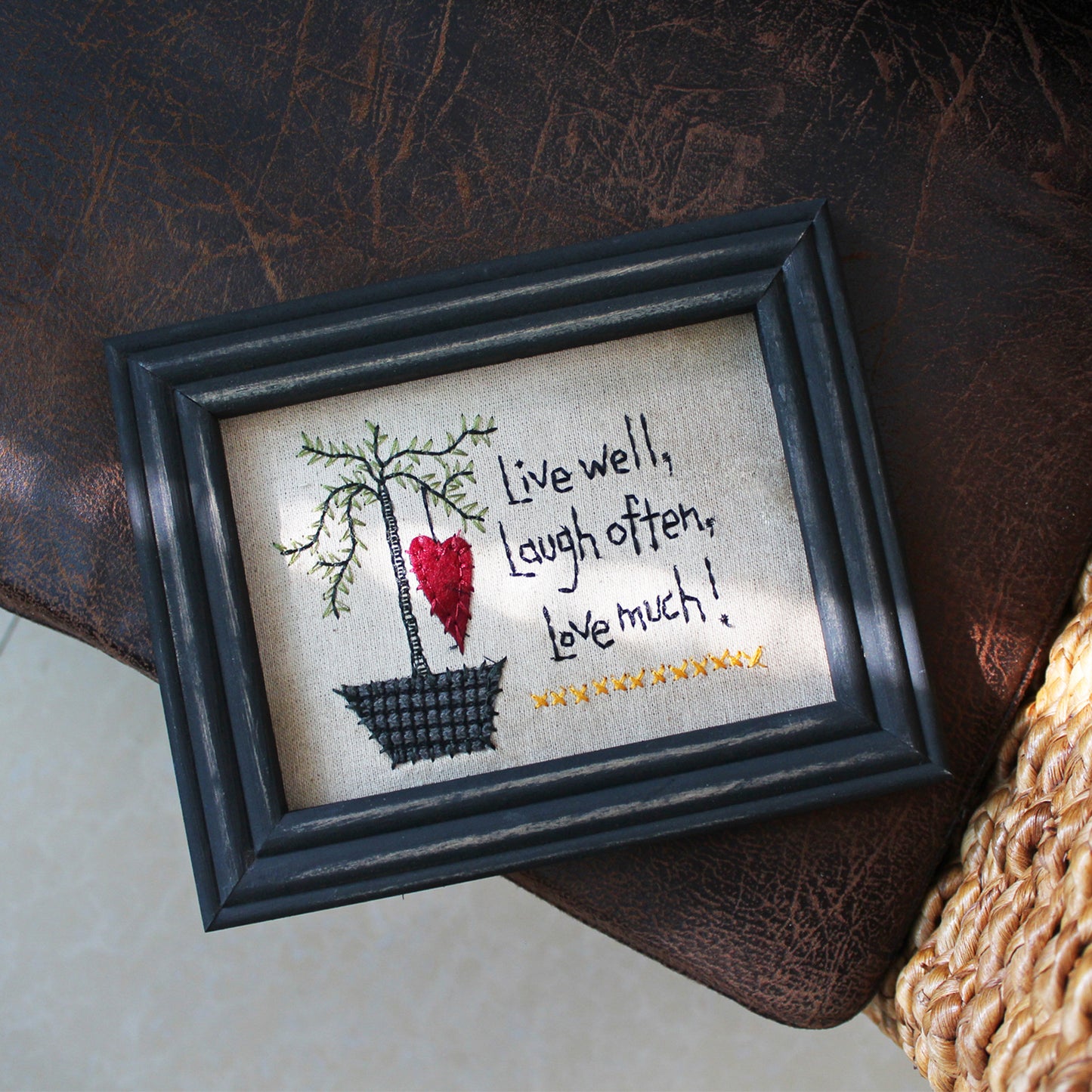 CVHOMEDECO. Primitives Vintage Live Well, Laugh Often, Love Much! Stitchery Frame Wall Hanging Decoration Art, 8.75 x 6.75 Inch