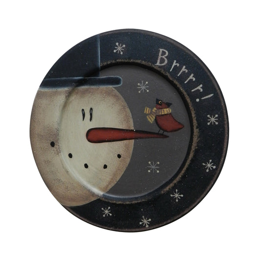 CVHOMEDECO. Primitive Vintage Hand Painted Decorative Wood Plate Brrrr Snowman and Little Bird Wooden Plate Home Décor Art, 8.5 Inch