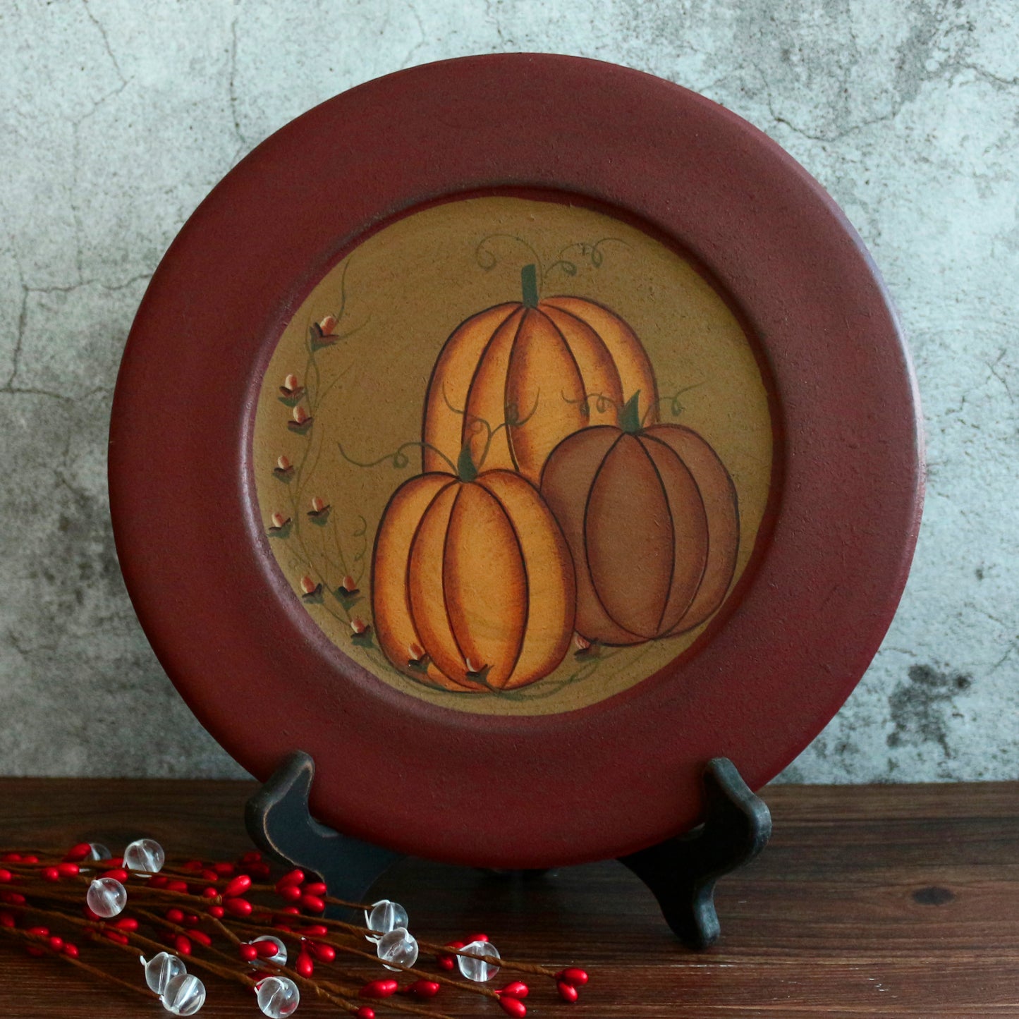 CVHOMEDECO. Primitive Antique Pumpkin Painted Wood Decorative Plate Halloween Display Wooden Plate Home Décor Art, 9.75 Inch