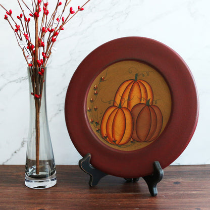 CVHOMEDECO. Primitive Antique Pumpkin Painted Wood Decorative Plate Halloween Display Wooden Plate Home Décor Art, 9.75 Inch