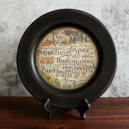 CVHOMEDECO. Primitive Vintage Fall Decorative Wood Plate Festival Display Wooden Plate Home Décor Art, 11.25 Inch