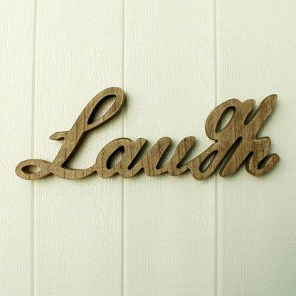 CVHOMEDECO. Rustic Vintage Distressed Wooden Words Sign Free Standing "Laugh" Tabletop/Shelf/Home Wall/Office Decoration Art, 12.5 x 4.5 x 1 Inch