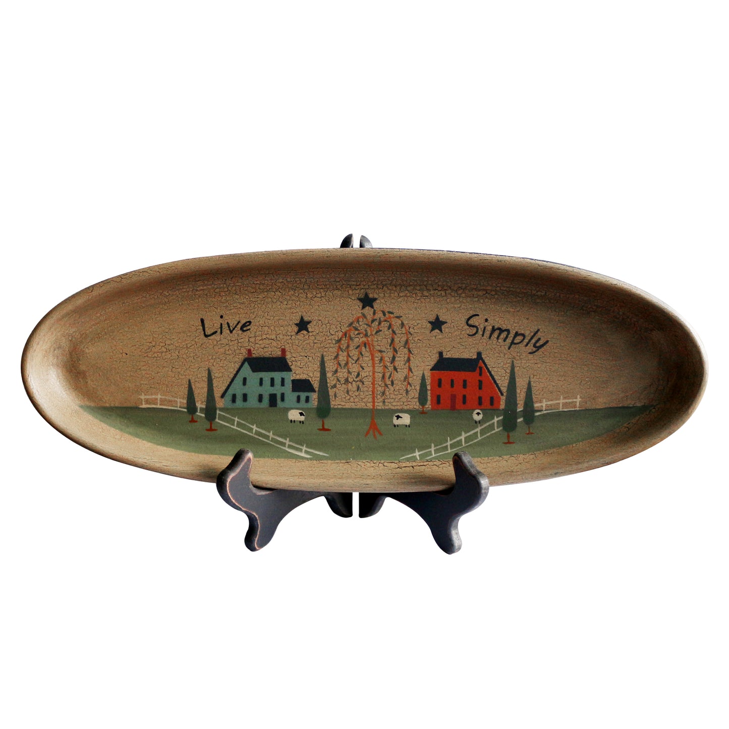 CVHOMEDECO. Primitive Rustic House Willow Tree Sheep Wood Decorative Plate Oval Crackled Display Wooden Plate Home Décor Art, 15.5 X 5.75 Inch