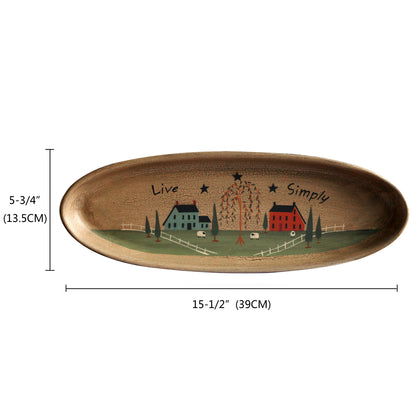 CVHOMEDECO. Primitive Rustic House Willow Tree Sheep Wood Decorative Plate Oval Crackled Display Wooden Plate Home Décor Art, 15.5 X 5.75 Inch