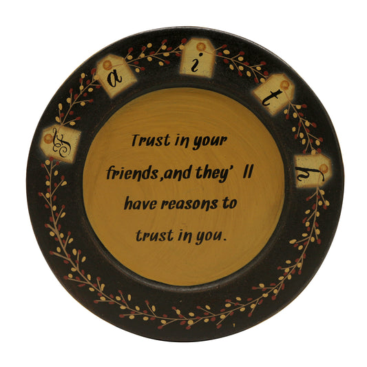 CVHOMEDECO. Primitive Antique Wood Decorative Plate Round Vintage Display Wooden Faith Plate Home Décor Art, 9.75 Inch