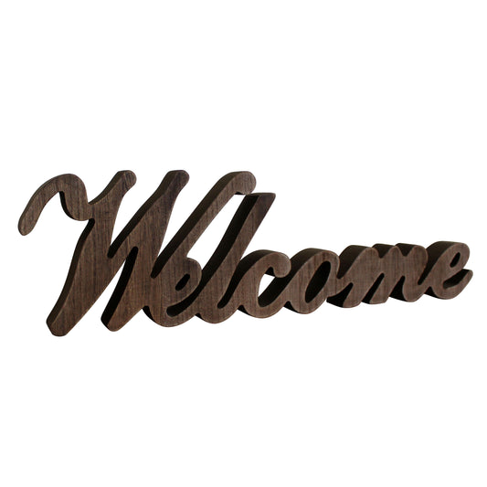 CVHOMEDECO. Rustic Vintage Distressed Wooden Words Sign Free Standing "Welcome" Tabletop/Shelf/Home Wall/Office Decoration Art, 14.5 x 4.25 x 1 Inch