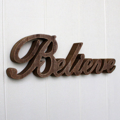 CVHOMEDECO. Rustic Vintage Distressed Wooden Words Sign Free Standing "Believe" Tabletop/Shelf/Home Wall/Office Decoration Art, 14.25 x 4.25 x 1 Inch