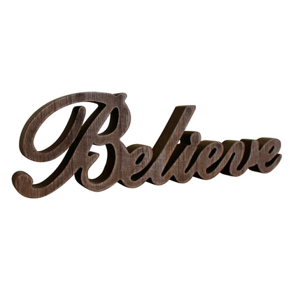 CVHOMEDECO. Rustic Vintage Distressed Wooden Words Sign Free Standing "Believe" Tabletop/Shelf/Home Wall/Office Decoration Art, 14.25 x 4.25 x 1 Inch