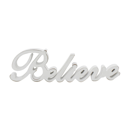 CVHOMEDECO. Rustic Vintage Distressed White Wooden Words Sign Free Standing "Believe" Tabletop/Shelf/Home Wall/Office Decoration Art, 14.25 x 4.25 x 1 Inch