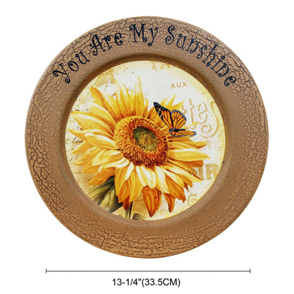 CVHOMEDECO. Sunflower Decorative Plate Primitives Round Crackled Display Wooden Plate Home Décor Art, 13.25 Inch