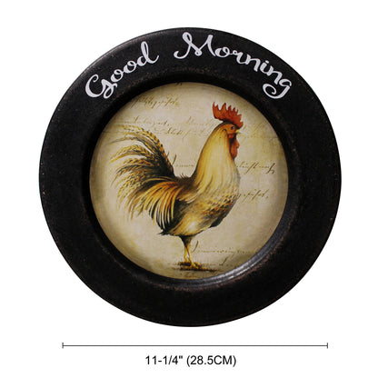 CVHOMEDECO. Rooster Decorative Plate Country Distressed Round Display Wooden Plate Home Décor Art, 11.25 Inch