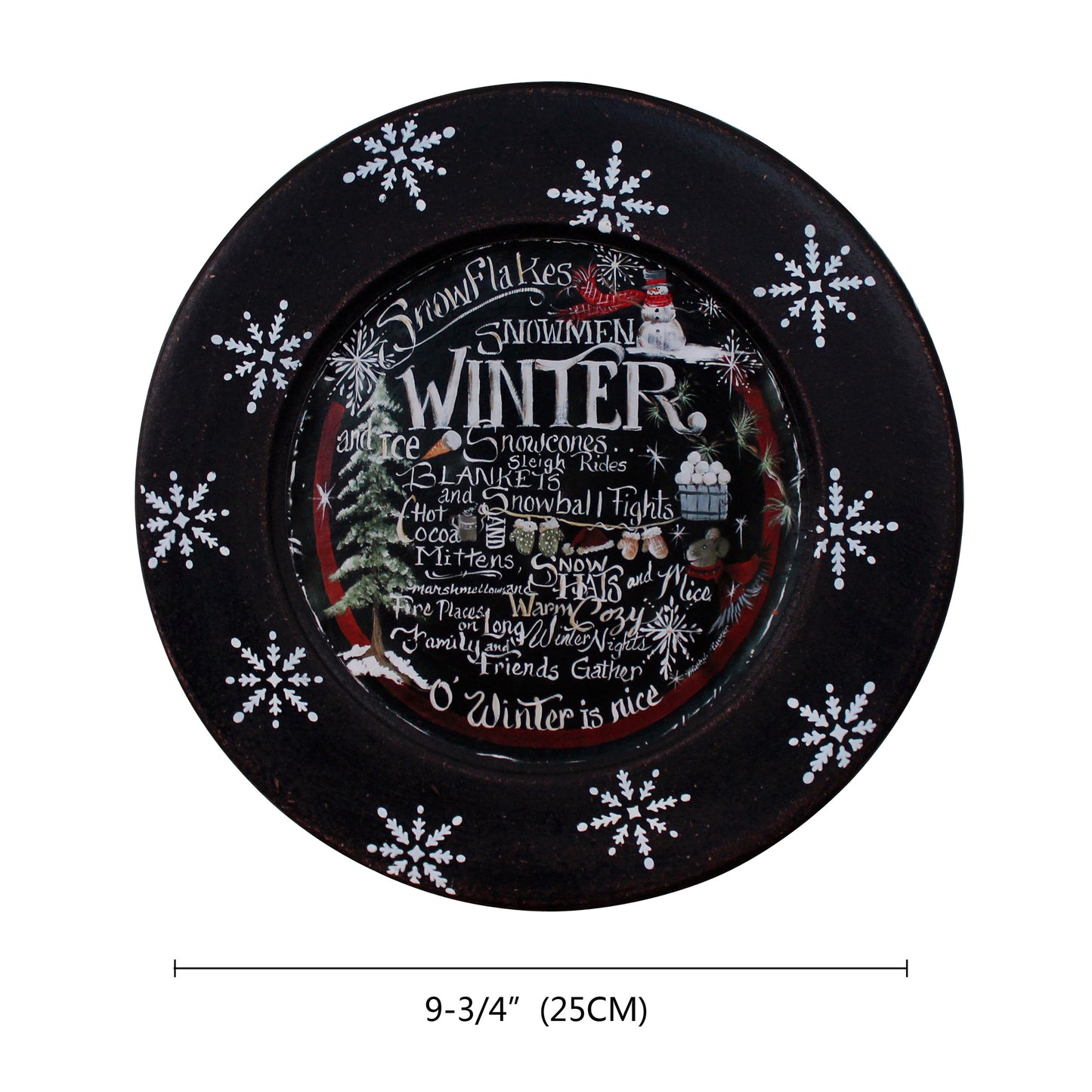 CVHOMEDECO. Winter Decorative Plate Primitives Distressed Round Christmas Display Wooden Plate Home Décor Art, 9.75 Inch