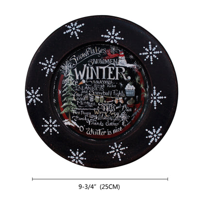 CVHOMEDECO. Winter Decorative Plate Primitives Distressed Round Christmas Display Wooden Plate Home Décor Art, 9.75 Inch