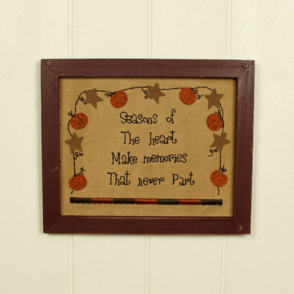 CVHOMEDECO. Primitives Vintage Season of the Heart Make Memories That Never Part Stitchery Frame Wall Mounted Hanging Décor Art, 12 x 10 Inch