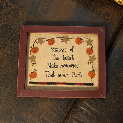 CVHOMEDECO. Primitives Vintage Season of the Heart Make Memories That Never Part Stitchery Frame Wall Mounted Hanging Décor Art, 12 x 10 Inch