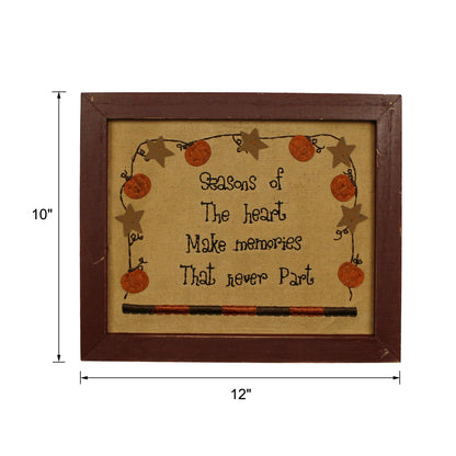 CVHOMEDECO. Primitives Vintage Season of the Heart Make Memories That Never Part Stitchery Frame Wall Mounted Hanging Décor Art, 12 x 10 Inch