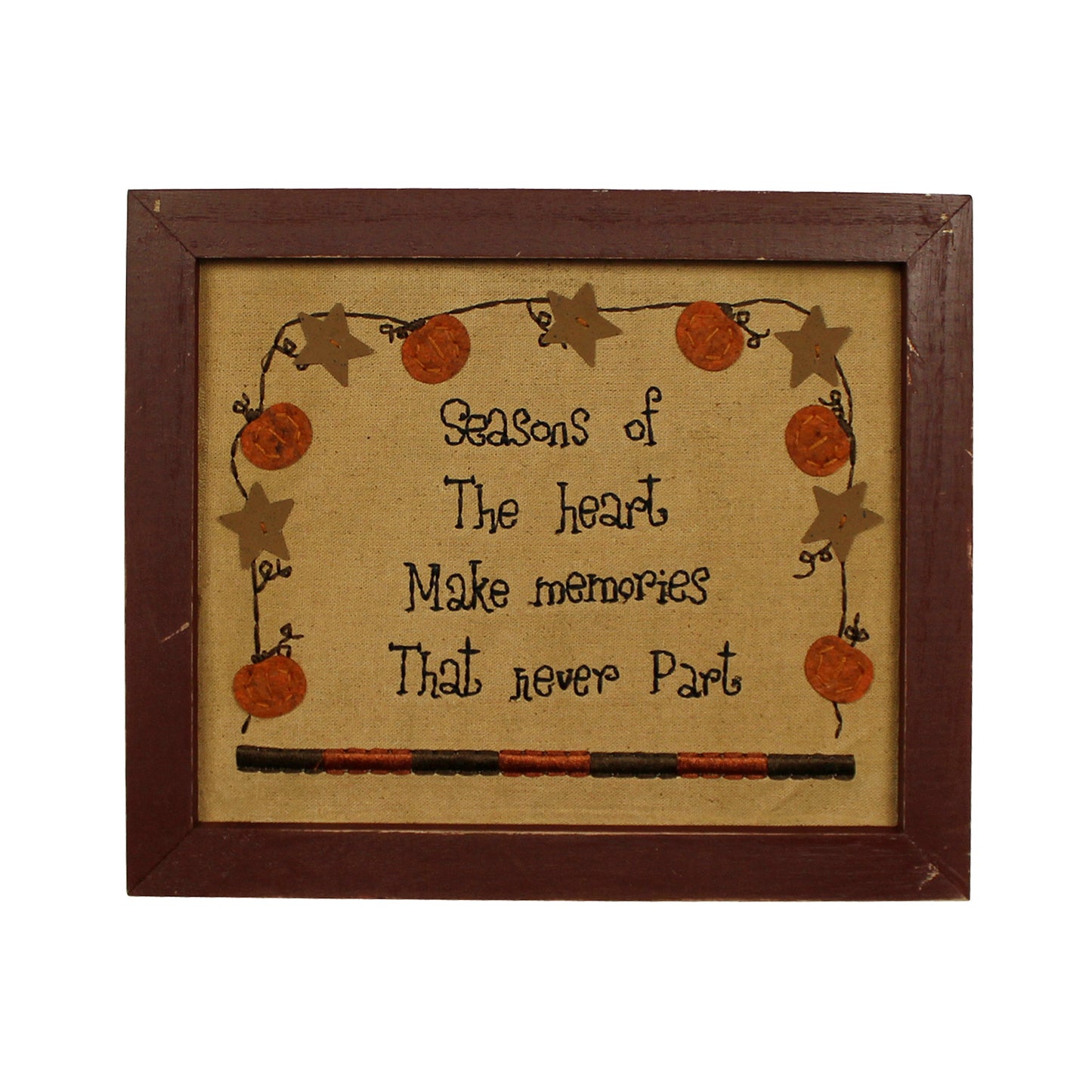 CVHOMEDECO. Primitives Vintage Season of the Heart Make Memories That Never Part Stitchery Frame Wall Mounted Hanging Décor Art, 12 x 10 Inch