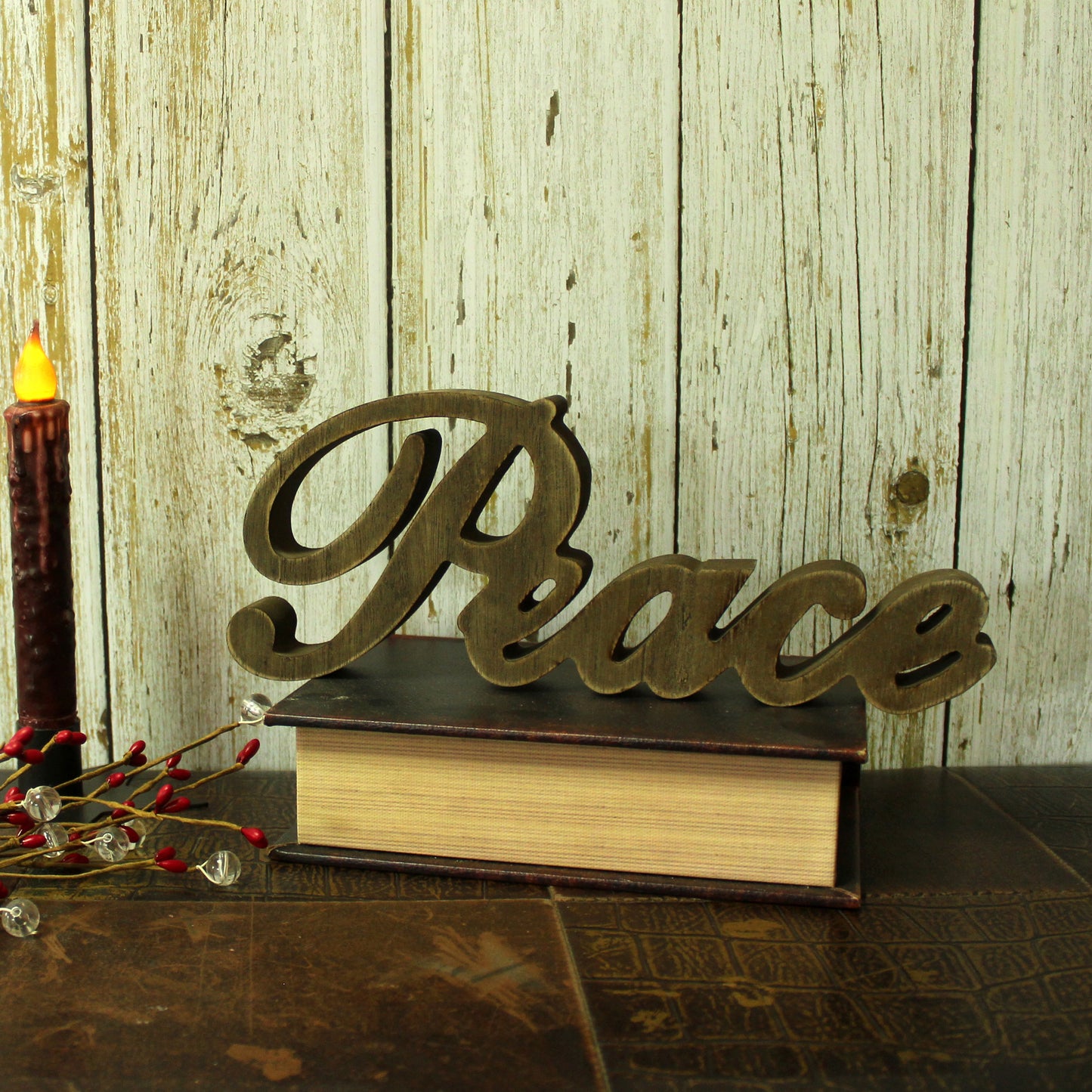 CVHOMEDECO. Rustic Vintage Distressed Wooden Words Sign Free Standing "Peace" Tabletop/Shelf/Home Wall/Office Decoration Art, 11 x 4.25 x 1 Inch